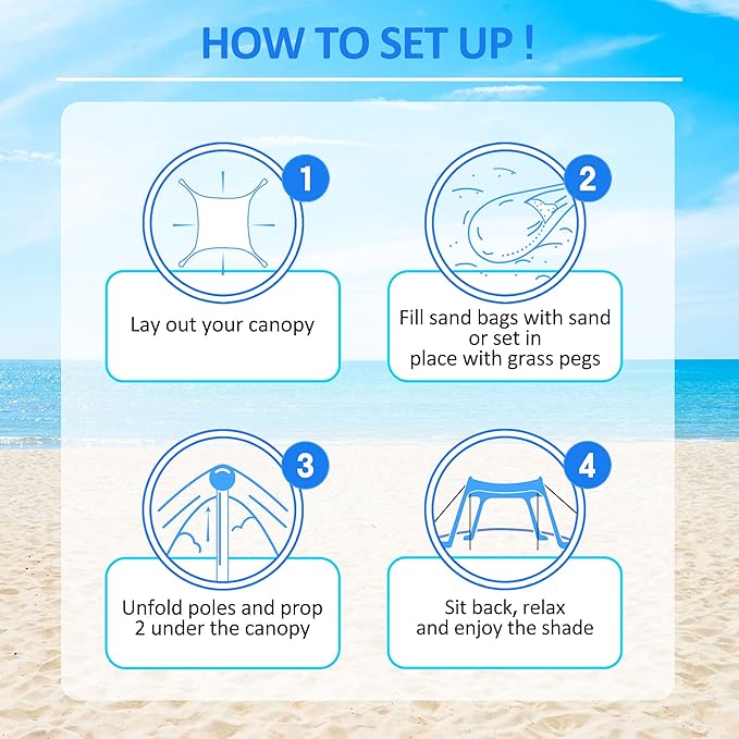 Beach Canopy Tent Sun Shade with UPF 50+ UV Protection Beach Tent Sun Shelter with Sandbags Poles and Ground Pegs and Anti-Wind Ropes for Outdoor Camping Backyard and Picnics