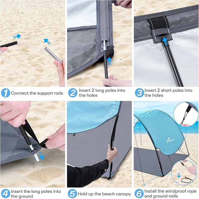 Sportneer Beach Tent Sun Shelter: UPF 50+ UV Protection Beach Canopy Tent Sun Shade for 2-3 Person Easy Set Up Canopy with 8 Wind Ropes and 12 Ground Stakes Size 96.5''x55.7''