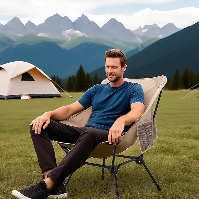 Camping Chair Portable Lightweight Camping Chairs for Adults Foldable 600D Oxford Ultralight Backpacking Chair with Breathable Mesh and Pocket for Outdoor Travel HikingBeige