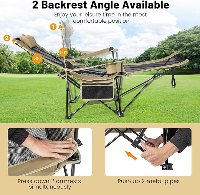 KOTEK Reclining Camping Chair Portable Lounge Chair with Removable Foot Rest Adjustable Backrest Cup Holder &amp Carry Bag Folding Camp Chair for Outdoor Traveling Fishing Hiking Picnic (1 Khaki