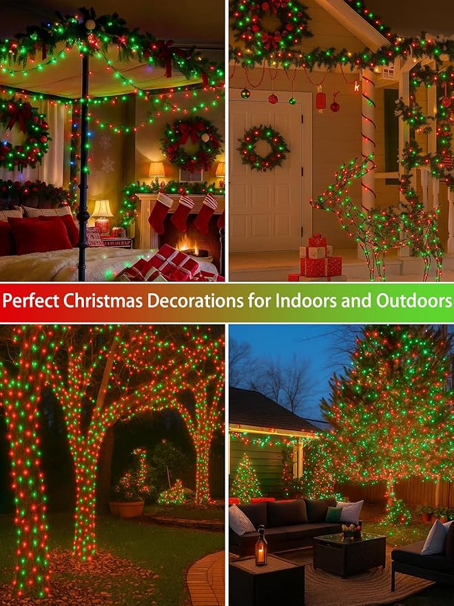 2 Pack Christmas String Lights Indoor Outdoor Super Bright 66FT 200 LED String Lights Waterproof 13 Modes Twinkle Xmas Lights with Timer for Christmas Tree Decorations (Red and Green)