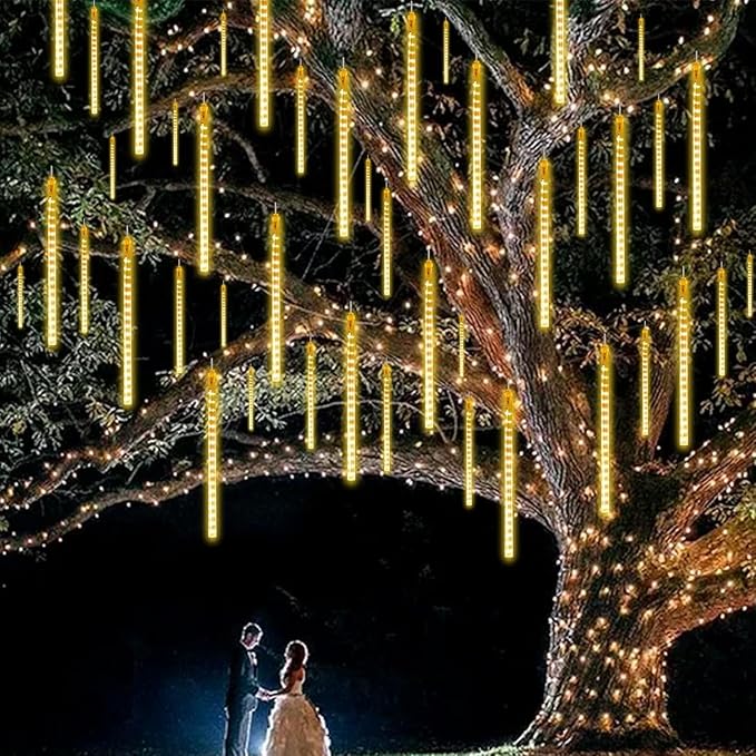 QITONG 2 Pack Extendable Meteor Shower Christmas Lights 16 Tubes 384 LEDs Plug in Christmas String Light Falling Rain Snowfall Light Cascading Lights for Xmas Tree Wedding Party (Warm White)