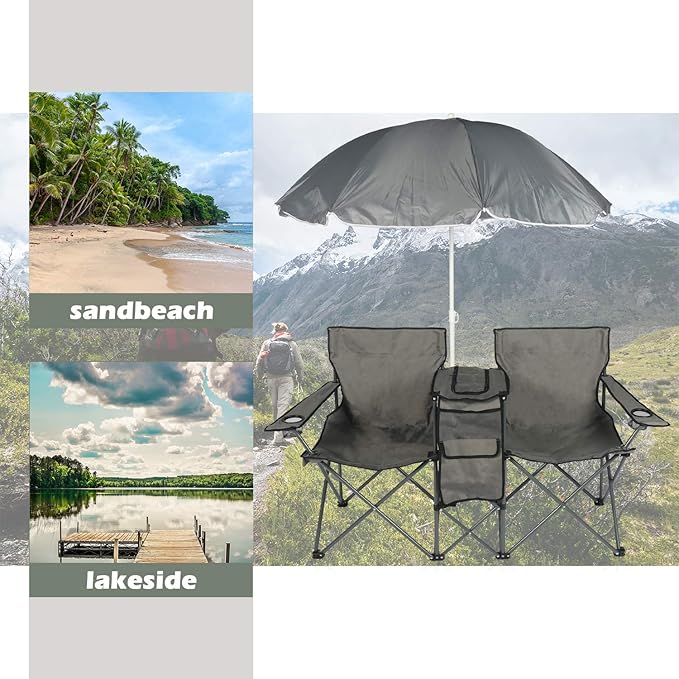LAZZO Double Folding Camping Chairs Portable Picnic Camping Chairs w/Umbrella Mini Beverage Holder Carrying Cooler Bag Outdoor Picnic Double Folding loveseat Camp Chairs for Beach Patio Pool Park
