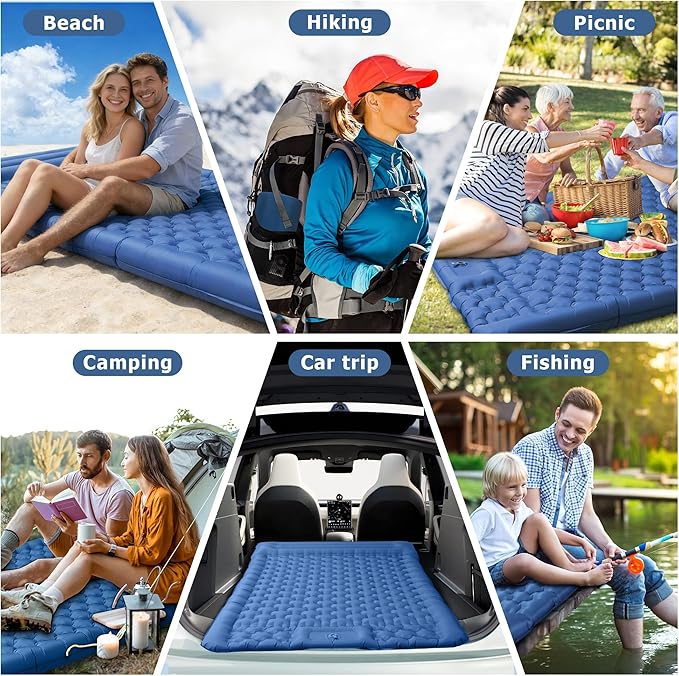 5.1 Thick Double Sleeping Pad with Foot Pump &amp Pillow 77.5x53.9 2-Person Air Mattress for Camping Ultralight &amp Compact for Backpacking Hiking Car Travel Navy Blue