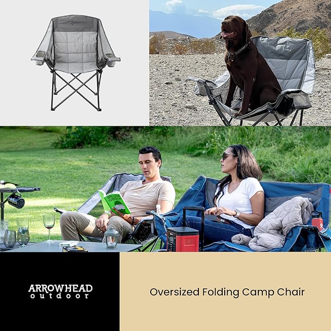 ARROWHEAD OUTDOOR Oversized Folding Camp Chair w/Adjustable Double Sized Cup Holder Mesh Sides Inner Pockets Carry Bag 300 LBS Weight Capacity