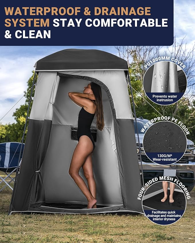 KingCamp Camping Shower Tent Portable Outdoor Privacy Toilet &amp Changing Tent Windproof &amp Waterproof Easy Setup 1 or 2 Room Shelter with Shower Bag for Camping Hiking Beach
