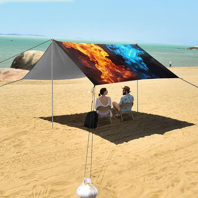Red Blue Flame Beach Tent Sun Shelter 9.2' x 10.5' Beach Canopy with 4 Sandbags 4 Stability Poles Sand Shovels - Tent Canopy for Beach Camping Fishing Picnics