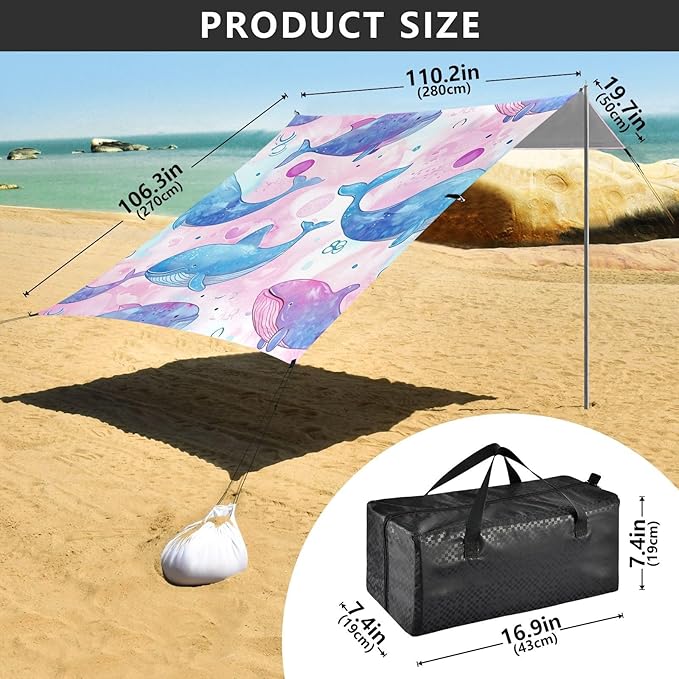 Pink and Blue Whales Beach Tent Sun Shelter 9.2' x 10.5' Beach Canopy with 4 Sandbags 4 Stability Poles Sand Shovels - Tent Canopy for Beach Camping Fishing Picnics