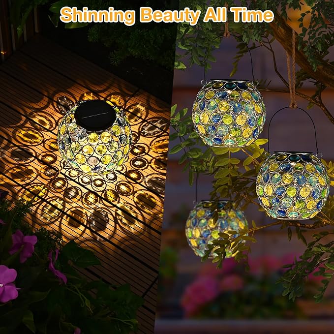 Uspring 2 Pack Crystal Mosaic Solar Lanterns Outdoor Waterproof Decorative Hanging Solar Lights for Outside Gifts for Women Mom Grandma Garden Decor for Patio Backyard Porch Pathway Walkway Blue