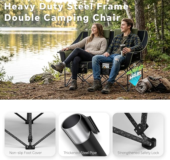 Heavy Duty Double Camping Chair with Padded Camping Loveseat – Oversized 2 Person Folding Camping Chair for AdultsPortable Camping Sofa with Cup Holders &amp Carry Bag for Outdoor Lawn Beach or Pat