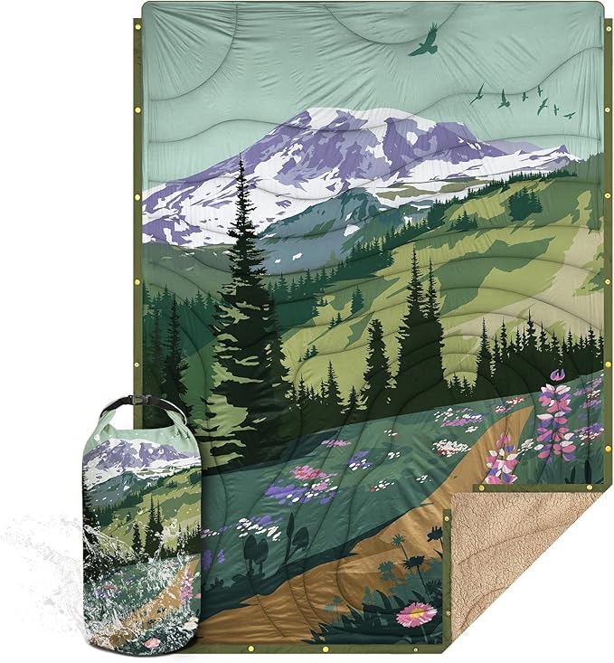 Outdoor Camping Blanket with Sherpa Lining Extra Warm Thick Camp Blankets and Puffy Ultralight Soft Poncho DWR Camping Quilt for Cold Weather Adventure Sleeping Backpacking 78x 56