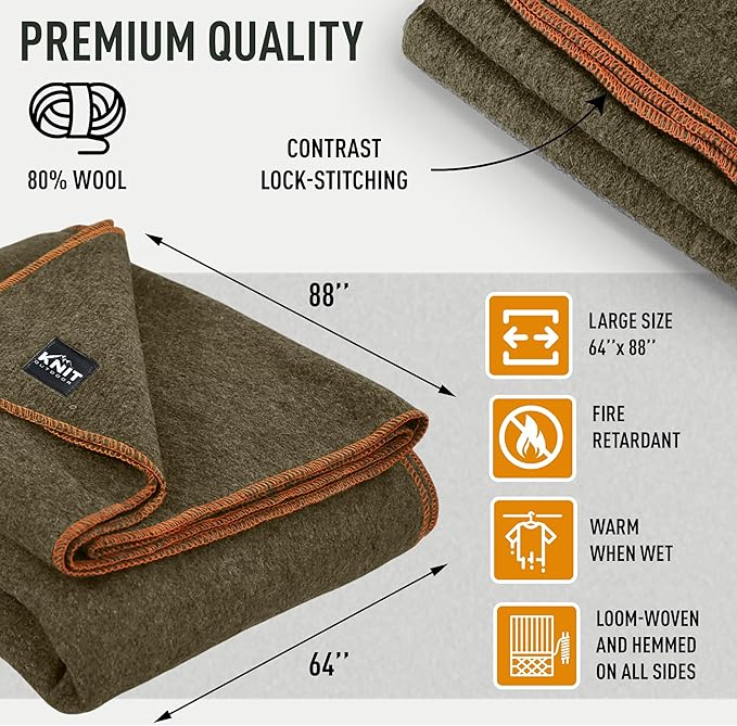 Large Military Wool Blanket - Warm &amp Thick Emergency Survival Blanket Great for Camping Outdoors Sports Events Picnics 4.5 lbs 64 x 88 (Olive Green)