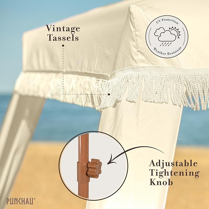 Beach Cabana with Fringe - 6x6 Ft. Boho Beach Canopy Umbrella Tent Portable Umbrellas for Sand with Carry Bag &amp Sandbag Pockets Instant Sun Shade Canopy Tent for Beaches &amp Backyards