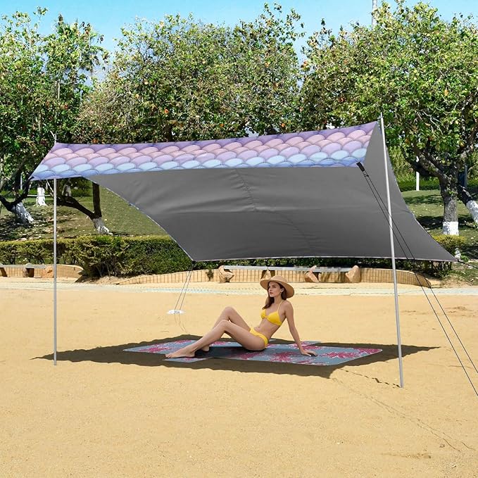 ALAZA Mermaid Print Gradient Beach Tent Sun Shelter UPF50+ Protection Beach Shade Canopy w/ 4 Sandbags for Outdoor Camping Fishing Backyard Fun Picnic 10x9 ft