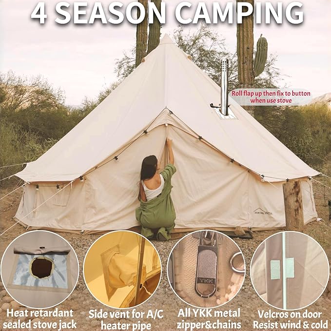 DANCHEL OUTDOOR 4 Season Canvas Yurt Tent with Large Wood Stove Heavy Duty Bell Tent with Stove Jack 4-8 Person Winter Camping Glamping 13ft/16.4ft/20ft