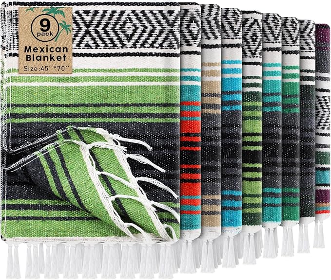 Peryiter 9 Pcs Mexican Blanket Bulk Large Yoga Blanket Striped Falsa with Fringed for Outdoor Beach Picnic Couch 45 x 70 inch (Green Colors)