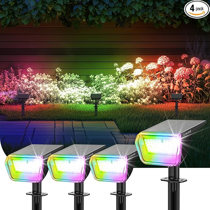 Linkind RGB Solar Spot Lights Outdoor Waterproof IP67 60 LED 10 Lighting Modes Color Changing Landscape Lighting for Garden Yard Pathway Decorations (4 Pack Multicolor)