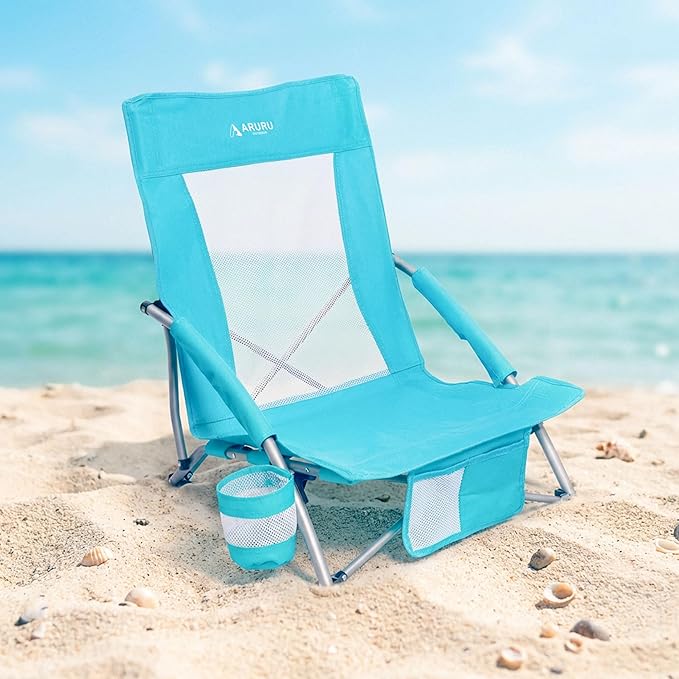 Low Folding Beach Chairs for Adults Portable Lightweight Sling Beach Camping Chair with Cup HolderArmrestFoldable Camp Lawn Chair for Outdoor Sand Concert Travel Sport Events