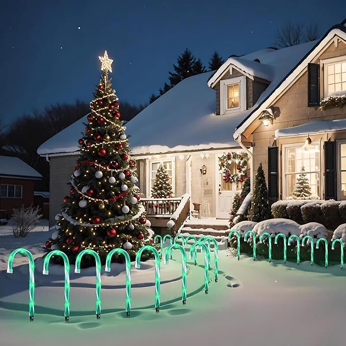 GAGALIFE Candy Cane Lights - 10 Pack Candy Cane Pathway Lights 10 Christmas Candy Cane Lights Green Outdoor Candy Cane Christmas Decor for Walkway Driveway Sidewalk Stake Lights Markers