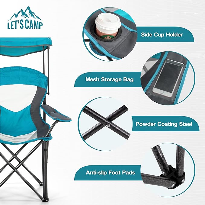 LET'S CAMP Camp Chair with Shade Canopy Folding Camping Chair with Cup Holder and Carry Bag for Outdoor Camping Hiking Beach Heavy Duty 350 LBS