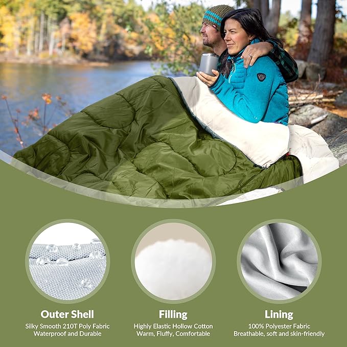 Elevon Double Sleeping Bag 2 Pillows for Adults Queen Size XL Sleeping Bag Waterproof Compact with Compression Sack 2 Person Sleeping Bags Cold Warm Weather- 3 Seasons Backpacking Hiking Travel