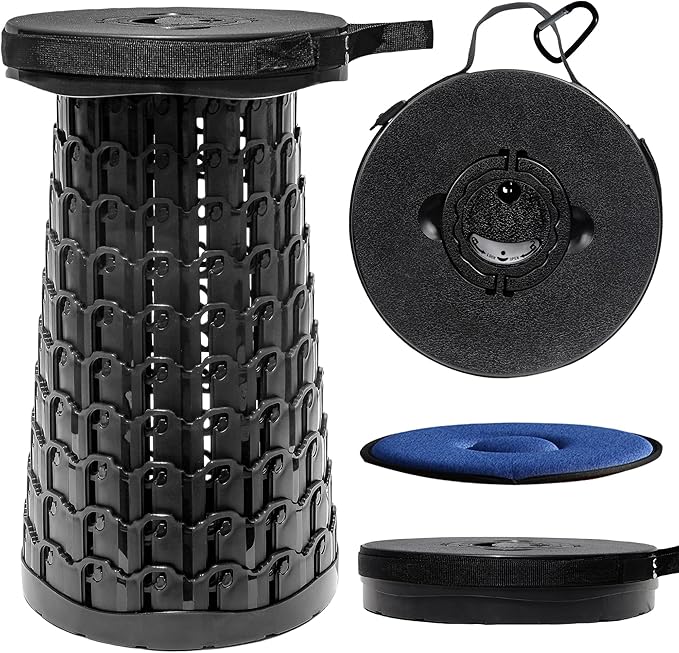 ALEVMOOM 2025 XXL 19.7 Collapsible Stool with Cushion Capacity 1000lbs Portable Stools for Adults Heavy Duty Adjustable Height Telescoping Folding Stool for Outdoor Camping Travel Hiking Fishing