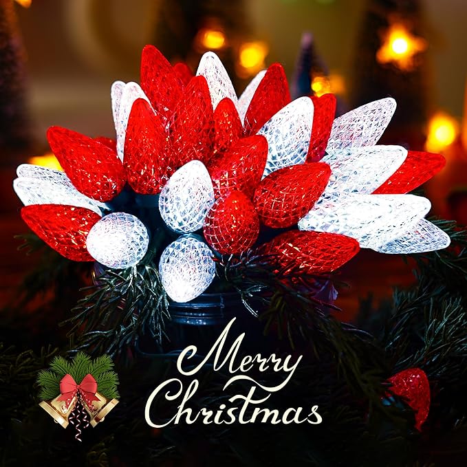 HAYATA Christmas Red White 50 LED Strawberry String Light - Fairy Xmas Decor Lighting for Outdoor Indoor Patio Party Home Wreath Garland Christmas Tree Decoration. (C9-Red White)