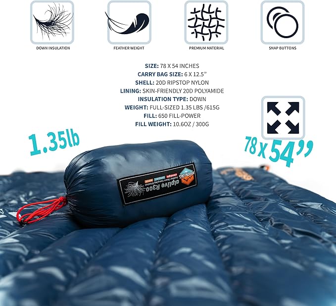 ZOOOBELIVES Ultralight Down Camping Blanket - 1.35lbs 650 Fill Power Puffy Quilt. Compact &amp Warm Comforter for Travel Beach Hammock Backpacking - Elevate Your Outdoor Comfort - AlpliveR300