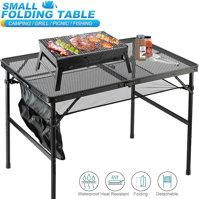 Folding Metal Camping Table with Mesh Layer Portable &amp Lightweight Grill Table for Outdoor 2 Adjustable Heights Metal Mesh Tabletop for Camping Cooking Medium Size (2.95 FT Black)