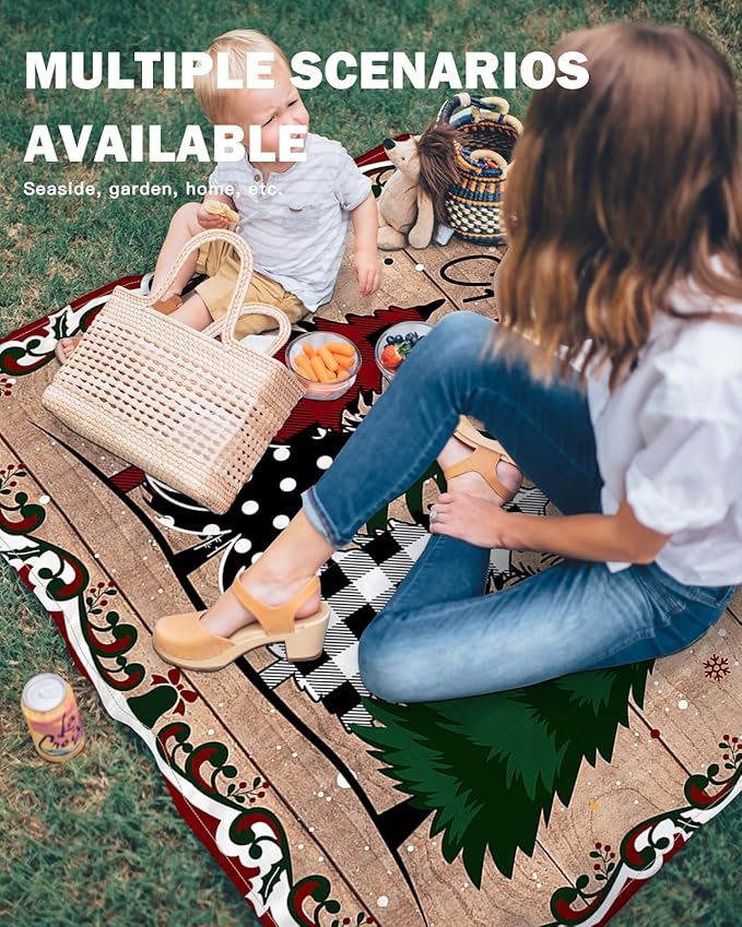 Beach Blanket Waterproof Sandproof Merry Christmas Grid Dot Tree Quick Drying Beach Mat with 4 Stakes Holly Snowflake on Wooden Lightweight Picnic Blanket for Travel Camping Outdoor 108x84