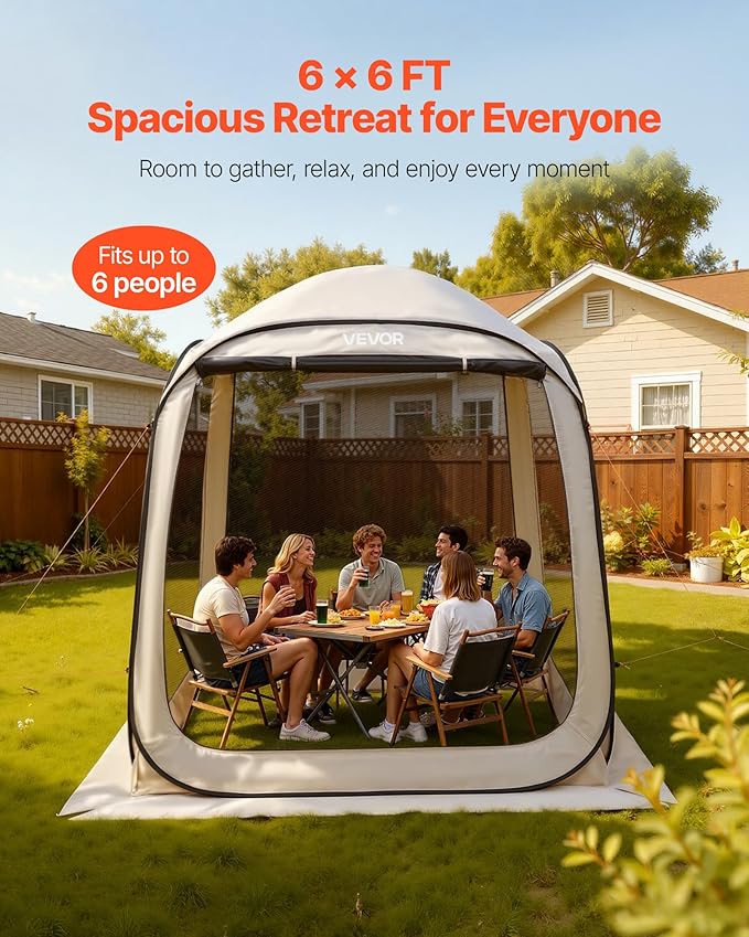 VEVOR 6 x 6 ft Pop up Screen House Tent 4-6 Person Portable Screen Gazebo with Carry Bag Netting Sides &amp Ground Stakes Quick Setup Screened Canopy for Garden Patio &amp Backyard and Outdoo