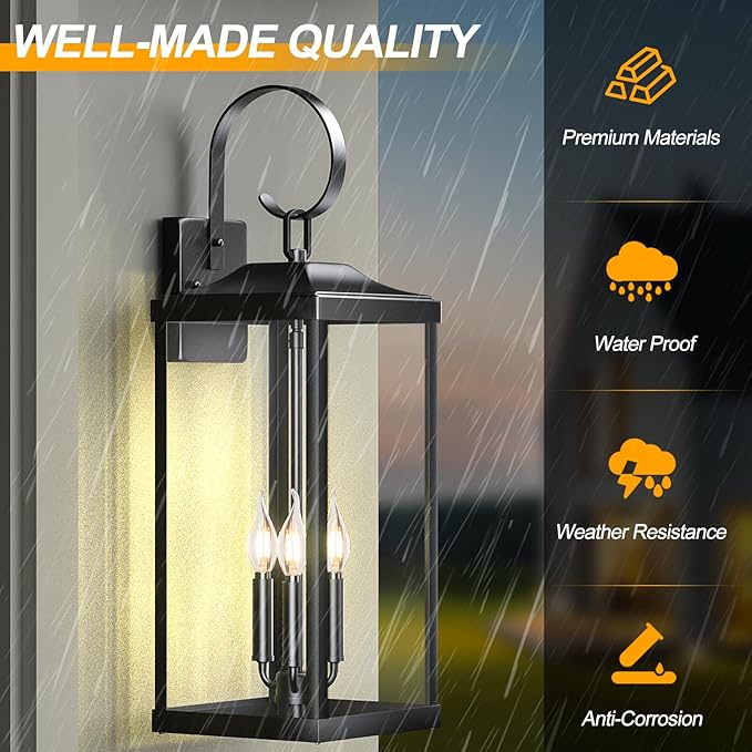 2 Packs 24 Extra Large Outside Wall Light Fixture 3-Light Black Outdoor Porch Lantern Wall Mounted Waterproof Modern Outside Wall Sconce Coach Lamp for House E12
