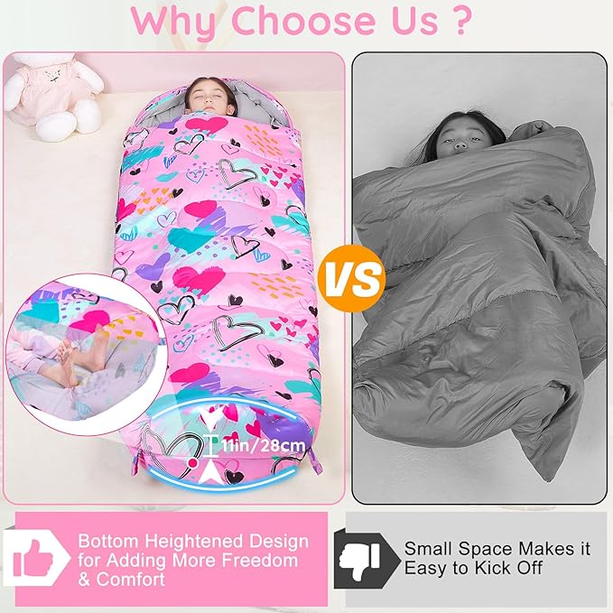 FIOBEE Kids Sleeping Bag for Girls Boys 3 Season Warm &amp Cool Weather Youth Camping Sleeping Bags with Backpacking Bag Waterproof for Traveling Hiking Indoor Outdoor Camping Essentials