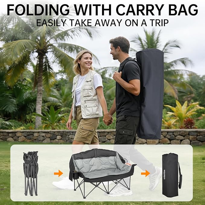 Heavy Duty Double Camping Chair for Adults Oversized 2 Person Camping Loveseat with Thick Padding Folding Outdoor Couch Supports Up to 600 lbs for Family Camping Stargazing Fishing Black &amp Gre