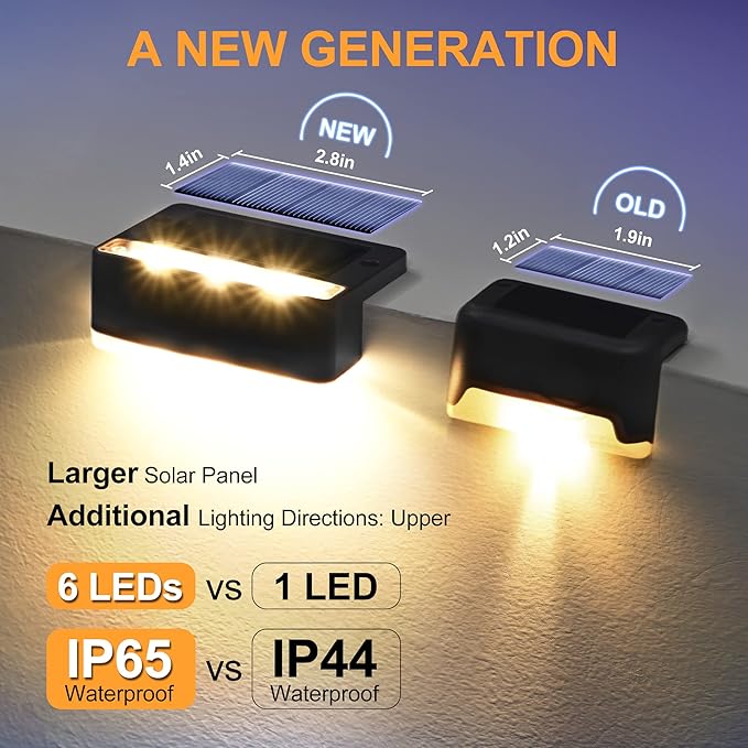 SOLPEX Solar Fence Lights 6 LEDs Solar Lights Outdoor Waterproof Solar Powered for Deck Stair Front Porch Balcony Walkway Garden Yard Patio Pool Decor IP65 Waterproof (12 Pack Warm White)