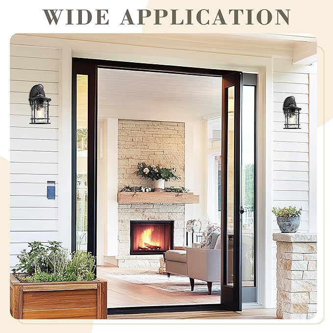 Emliviar 2 Pack Exterior Wall Sconce Light Anti-Rust Outdoor Lanterns Wall Lamps Farmhouse Patio Lightings with E26 Socket &amp Water Ripple Glass Black Finish XE229BS-2PK BK-WG