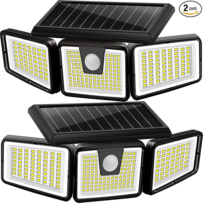 AmeriTop Solar Lights Outdoor 2 Pack 233 LED High Brightness Cordless Solar Motion Sensor Lights 3 Adjustable Heads 270° Wide Angle Illumination IP65 Waterproof Security LED Flood Light(Daylight)