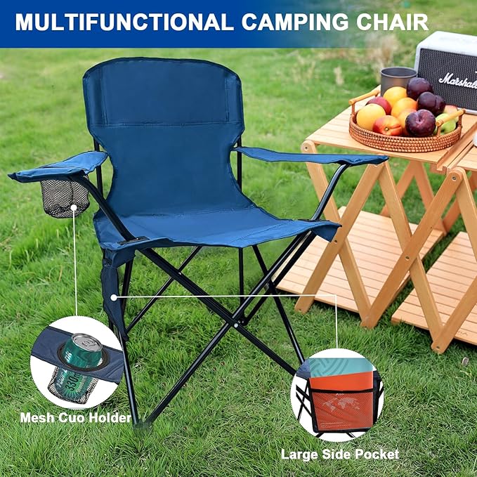 Folding Camping Collapsible Chairs Heavy Duty Lawn Chair with Cooler Bag Storage Pocket Waterproof Bag Outdoor Arm Chair Supports 225LBS Cyan