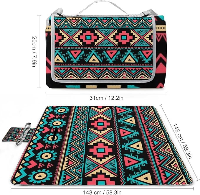 Southwestern Native American Indian Aztec Ethnic Waterproof Outdoor Picnic Blanket Sandproof Beach Mat for Camping Hiking Grass Travelling