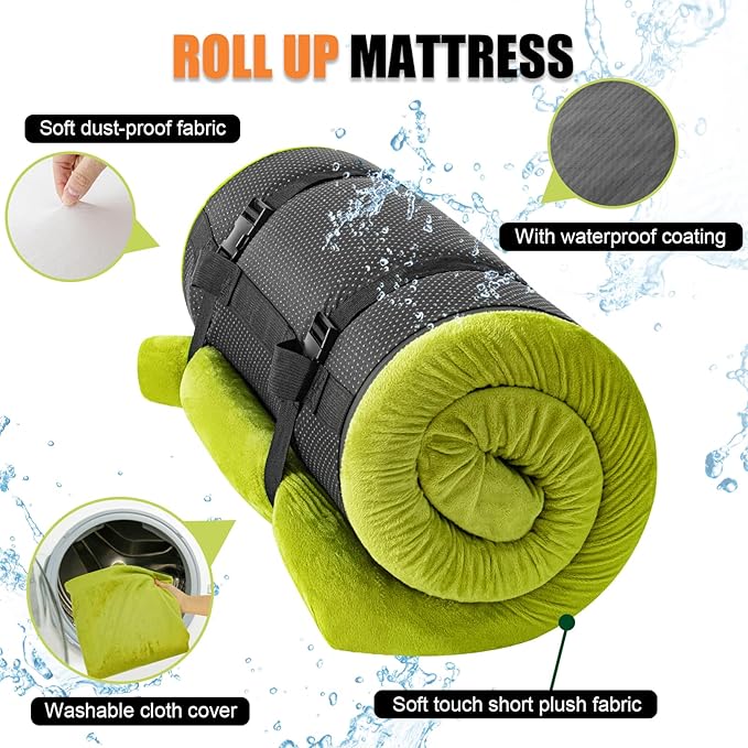Sleeping Pad3-inch Thick Memory Foam Camping MattressPortable Roll-Up Mat for Car/Tent/Floor/Cot/TravelComfortable Pad for Guests Sleepover