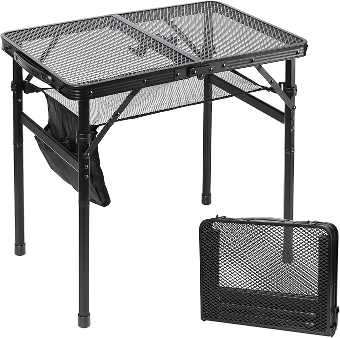 Small Floding Grill Table with Mesh Layer 2 Height Adjustable Portable &amp Lightweight Metal Camping Table for Outdoor Beach &amp BBQ - Compact (2 FT Black)