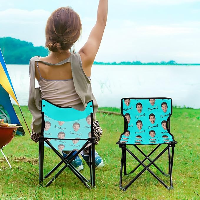 Sinestour Cyan Custom Photo Folding Camping Chair for Teen Child Personalized Name 14.6×14.6in Portable Outdoor Chair with Carry Bag for Picnic Barbeques Beach