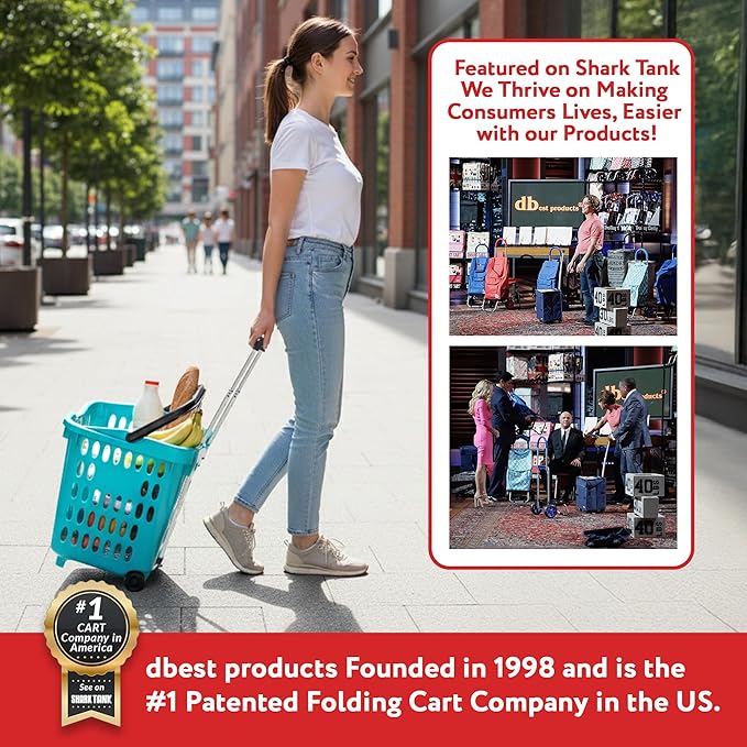 dbest products Bigger GoCart Grocery Cart Rolling Shopping Laundry Basket on Wheels Hamper with Telescopic Handle Cleaning Caddy Trolley Teal Bigger 1 pack