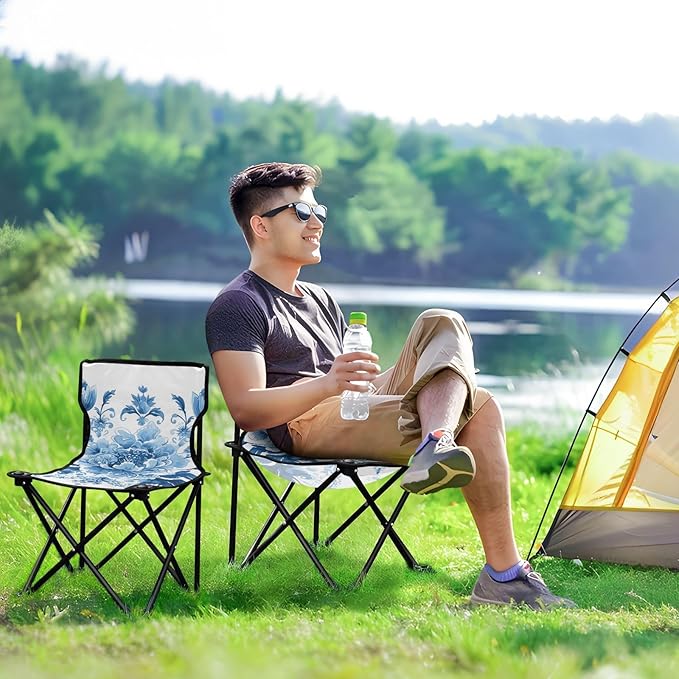 Flowers Blue Portable Camping Chairs Folding Chair - Durable Oxford Fabric Lightweight Iron Frame Easy Fold Design - Ideal for Outdoor Activities Camping Fishing and Travel