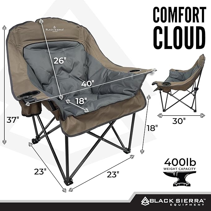 Black Sierra Oversized Camping Chair for Adults – 400 lb Heavy Duty Folding Chair with Cup Holders &amp Carry Bag