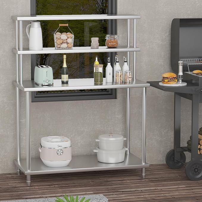 48x24 Stainless Steel Work Table with 2-Tier Adjustable Overshelves Commercial Prep Table for Kitchen Restaurant Garage Laundry Utility Room