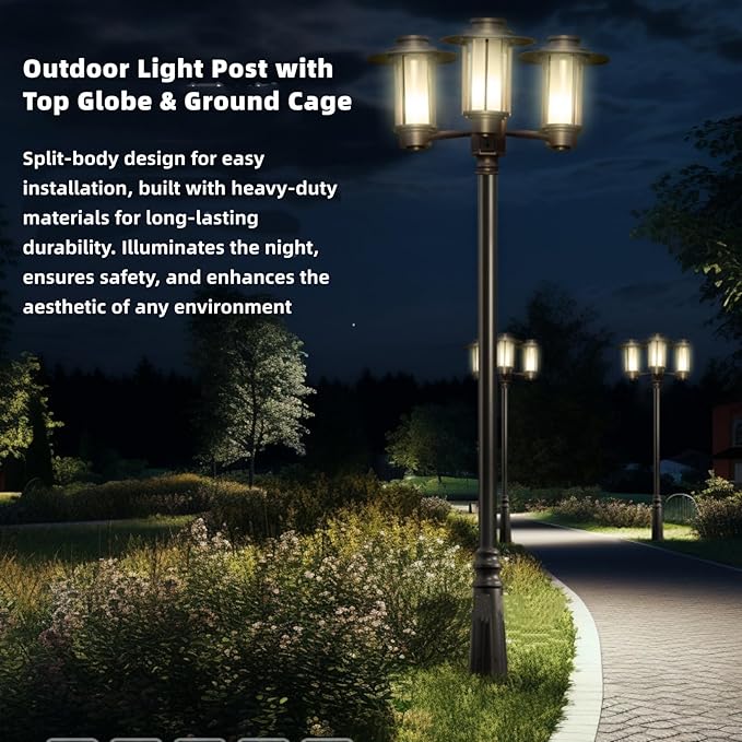 10FT Outdoor Lamp Post Split Street Light Pole with Top Globe &amp Ground Cage Lighting Post Fixtures for Pathway Courtyard Parking Lot Fits Standard 3 Post Top Fixtures (10FT 275+76mm)