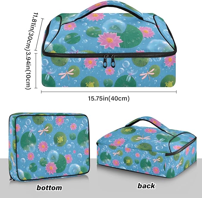 Casserole Carrier Frogs and DragonflieInsulated Casserole Carrier for Hot or Cold Food Thermal Lunch Tote for Potluck Parties Picnic Beach Fits 9 x 13 Inches Baking Dish