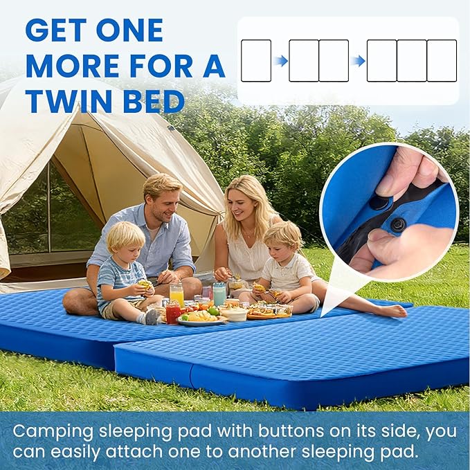 Self Inflating Double Sleeping Pad for Camping with Electric Pump 4 Inch Ultra Thick Memory Foam 2 Person Inflatable Sleeping Pad All Season Full Size Portable Camping Mattress for Travel Tent (Blue)