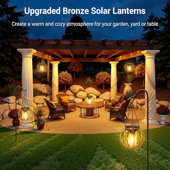 KOOPER Solar Lanterns Outdoor Waterproof 4 Pack Upgraded Bronze Metal Hanging Solar Lights Outdoor Lanterns Brighter Auto On/Off Outdoor Hanging Lantern for Yard Patio Pathway Porch Garden Decor